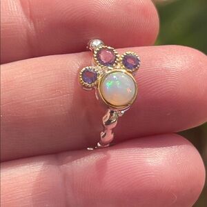 Natural Opal and Amethyst Cluster Ring - Sterling Silver Size 5.5